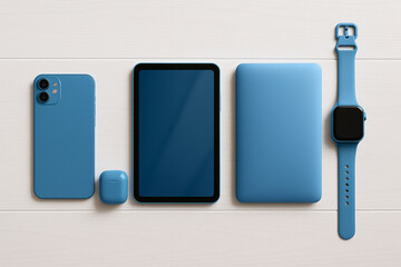Blue Tech Devices Flat Lay – Phone, Tablet, Laptop, Earbuds Case, and Digital Watch on White Wooden Table
