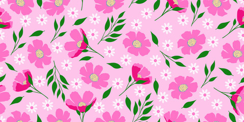 Hand drawn trendy abstract flowers on pink seamless texture for textiles, wallpaper, wrapping paper, fabric, fashion, design exotic botanical background vector illustration