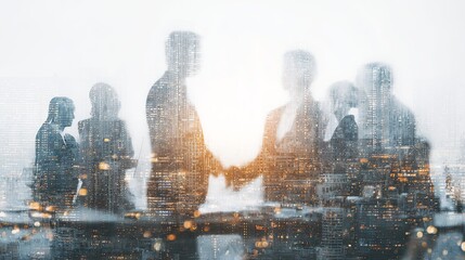 Business deal depicted through overlaying cityscape, highlighting collaboration and urban success with abstract corporate synergy.