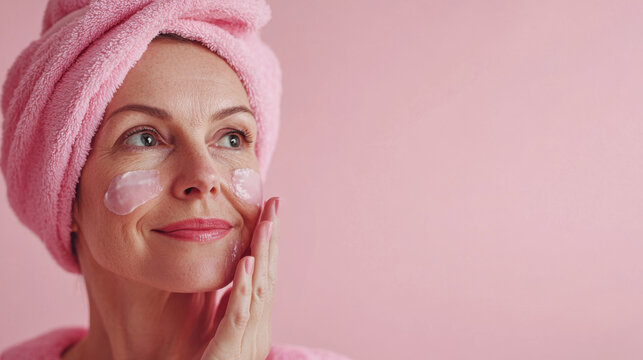 Elderly Woman with  Pink Towel on Head Performing Skincare Ritual in Calm Environment Focused on Facial Beauty and Self Care Routine