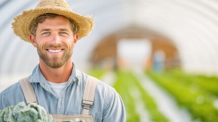 The Smiling Gardener: A sun-kissed gardener with a straw hat and overalls holds freshly picked greens, smiling radiantly in front of a vibrant greenhouse, symbolizing growth, health.