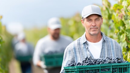 Vineyard Harvest: A hardworking vineyard worker carries a crate filled with freshly picked grapes, exemplifying dedication amidst the serene vineyard landscape. 