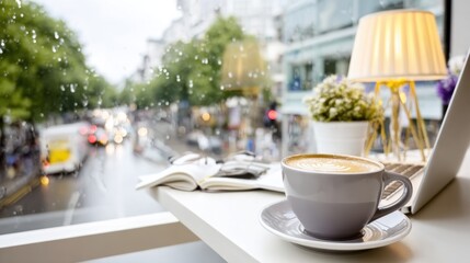 Cozy Coffee Moment by the Window: A steaming cup of latte rests invitingly next to an open laptop near a window, capturing a serene atmosphere during a rainy day. 