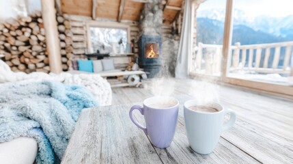 Cozy Cabin Coffee: Capturing the allure of a tranquil mountain retreat, a warm, inviting scene unfolds with two steaming mugs of coffee gracing a rustic table.