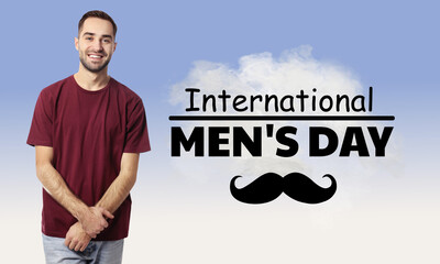 International Men's Day card with moustache illustration. Happy man on light blue gradient...
