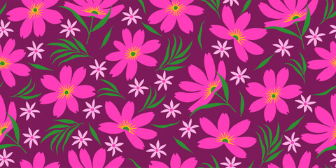 abstract Floral seamless repeat fabric vivid pink cosmos flowers for textiles, wallpaper, wrapping paper, fabric, fashion, design exotic botanical background vector illustration