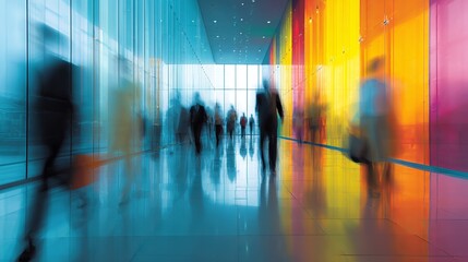 Modern business hallway with blurred figures walking, reflecting colorful light on floor for motion concept
