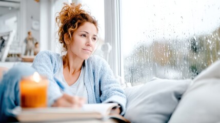 Serene Solitude: A moment of peaceful contemplation unfolds as a woman sits near window with soft candle glow. reflecting on the rain outside and losing herself in the book.
