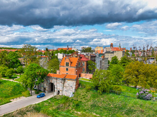 Aerial landscape of the Main Town of Gdansk by the Motlawa river, Poland.
