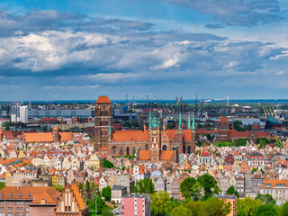 Aerial landscape of the Main Town of Gdansk by the Motlawa river, Poland.