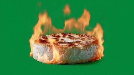 Flaming cheese wheel on green background: intense heat and melting action