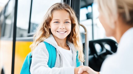 School Bus Welcome: A young student, beaming with a radiant smile, extends a hand, stepping onto a school bus, symbolizing the journey of education and the warmth of guidance.