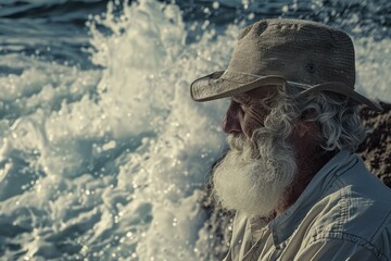 Portrait of an old fisherman with white beard and hat looking at the sea waves