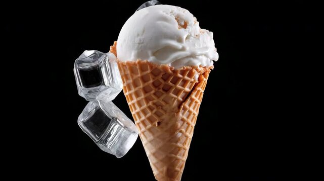 Melting ice cream cone surrounded by ice cubes against black background
