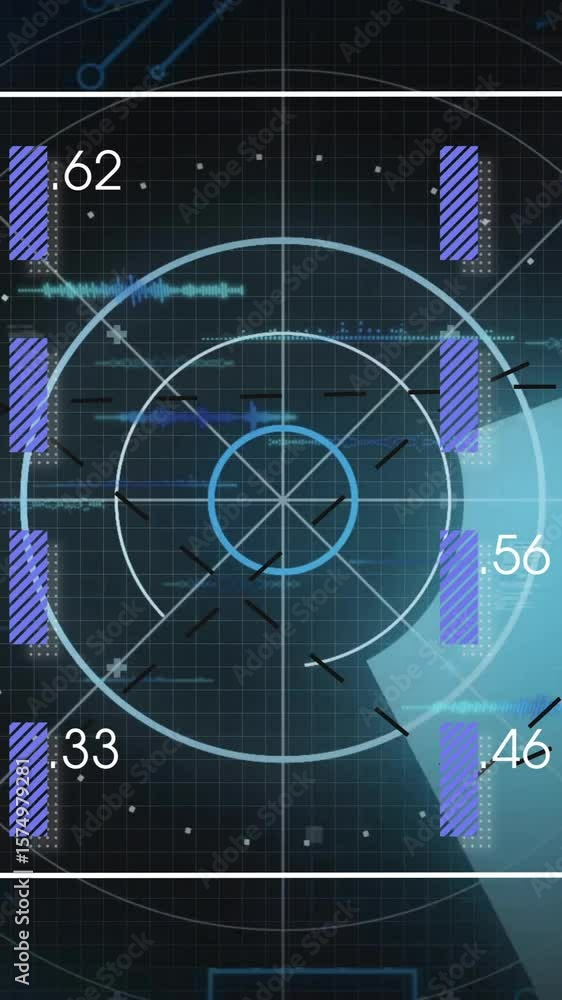 Poster animation of digital interface showing data input and output with circular grid