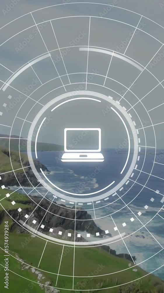 Poster animation of digital interface with computer icon overlaying coastal ocean waves