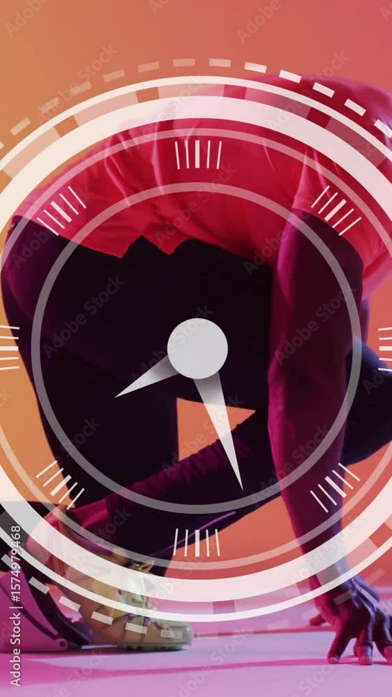 Poster in starting position, athlete with dynamic circular animation overlay in background