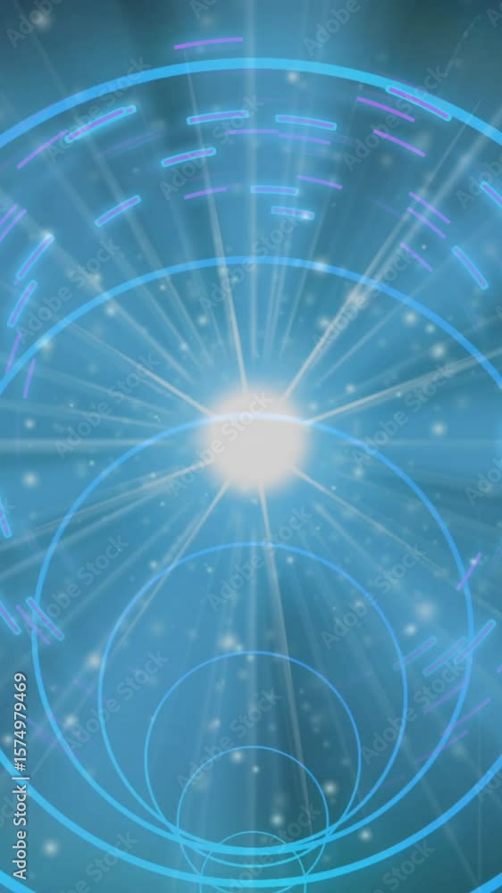 Aufkleber creating futuristic digital effect, glowing concentric circles and light beams animation