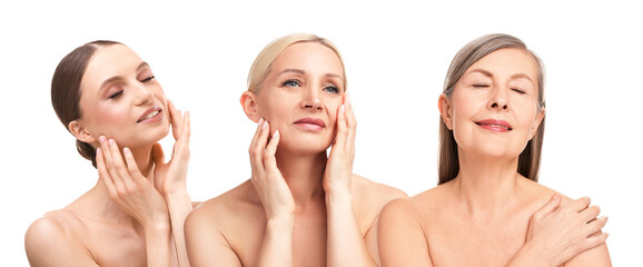 Group of beautiful women on white background. Collection of different portraits