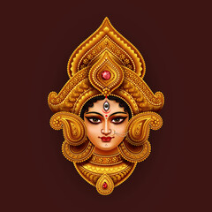 Hindu Goddess Durga Face Illustration with Decorated Traditional Golden Ornament Elements