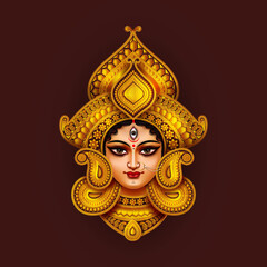 Hindu Goddess Durga Face Illustration with Decorated Traditional Golden Ornament Elements