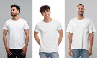 Men in white t-shirts against grey and white backgrounds. Mockup for design