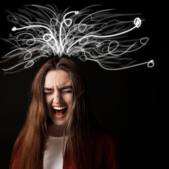 Woman screaming on black background. Confused thoughts as doodles coming out of her head. Stress,...