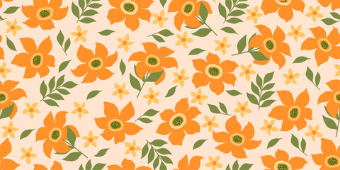 Hand drawn exotic flowers Tropical Orange Floral Seamless Print for textiles, wallpaper, wrapping paper, fabric, fashion, tropical design exotic botanical background vector illustration