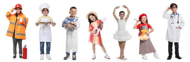 Future profession. Cute children copying people from different occupations on white background