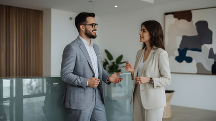 A well-lit, modern office lobby with a sleek, gray and glass reception desk serves as the backdrop for a collaborative discussion between two professionally dressed business people, a man and a woman