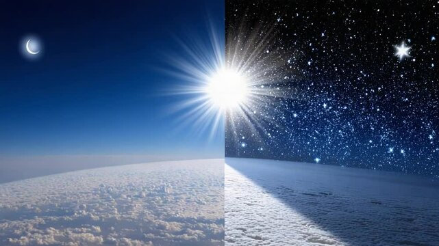 Day and night transition on Earth with clouds and stars, time-lapse of celestial changes revealing