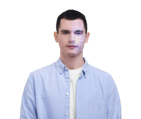 Facial recognition system. Scanning man's face for authentication against white background