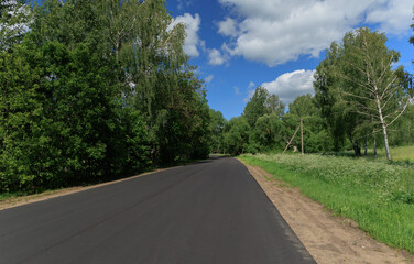 Road view on a summer day. Highways and roadside, white road line markings.