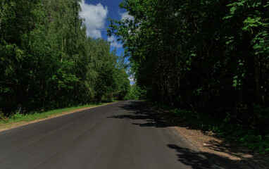 Fototapeta premium Road view on a summer day. Highways and roadside, white road line markings.