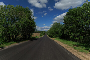 Fototapeta premium Road in the countryside, roadside and asphalt, green forest and fields, blue sky and clouds 