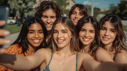 A bright and cheerful photograph of a diverse group of five young friends, ranging in age from late teens to early twenties, gathered together to take a selfie, showcasing their vibrant skin tones
