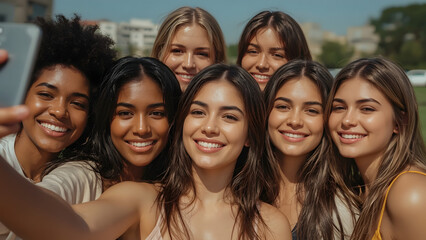 A bright and cheerful photograph of a diverse group of five young friends, ranging in age from late teens to early twenties, gathered together to take a selfie, showcasing their vibrant skin tones
