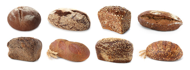 Different loaves of fresh bread isolated on white, set