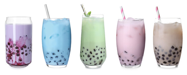 Bubble tea of different flavors on white background, set