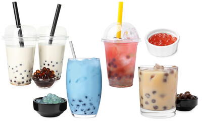 Bubble tea of different flavors and tapioca pearls on white background, set