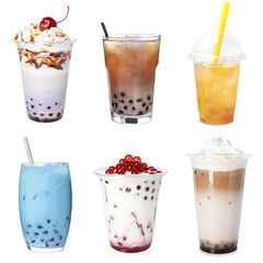 Bubble tea of different flavors on white background, set