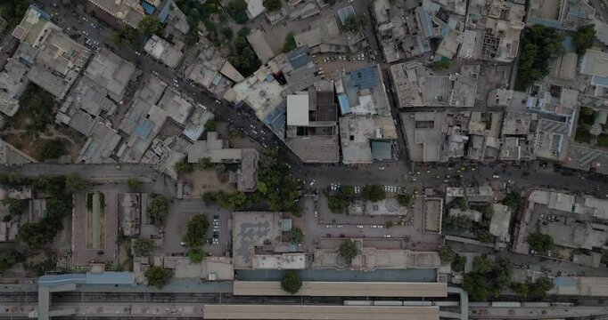 Aerial view of historic architecture and rooftops, India.