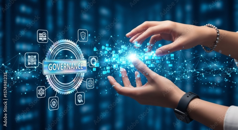 Aufkleber hands touching digital governance technology management security innovation network data system