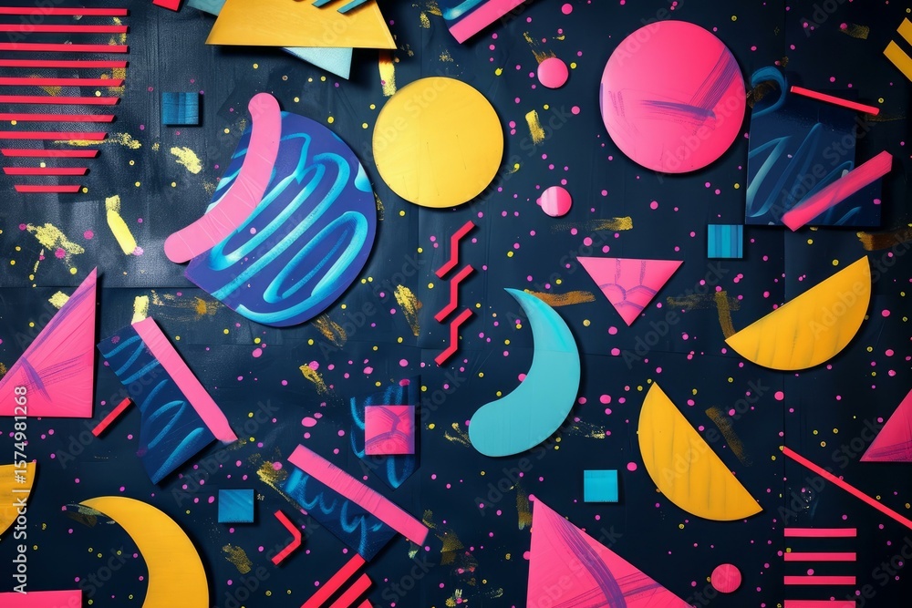Poster abstract composition featuring colorful geometric shapes on a dark background, creating a vibrant an