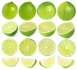 Fresh lime fruits isolated on white, set