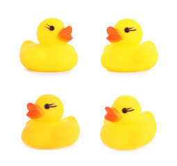 Cute rubber ducks on white background, collage