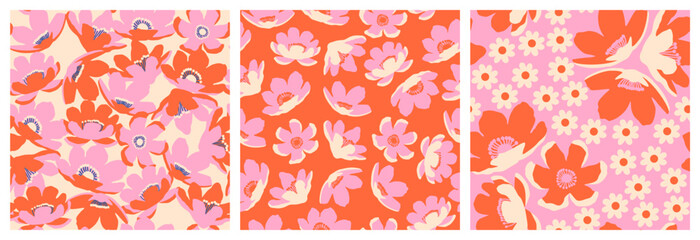 set stylish flowers abstract seamless patterns. romantic hand drawn floral summer for textiles, wallpaper, wrapping paper, fabric, fashion, tropical design background vector illustration