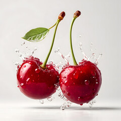 Vivid red cherries with water droplets splashing on white background, fresh ripe fruit in clean minimal setting for summer nutrition, purity, beverage design, and healthy food advertising concepts