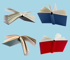 Open hardcover books against light blue background, collage
