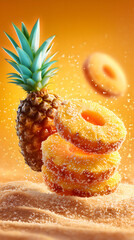 Close-up of fresh pineapple and three sugar-dusted rings on warm orange background for tropical fruit ads, sweet food concepts, exotic snack promotions, and summer-themed culinary visuals